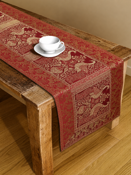 Gold Accented Peacock Red Brocade Table Runner, Dining, Wedding Decor