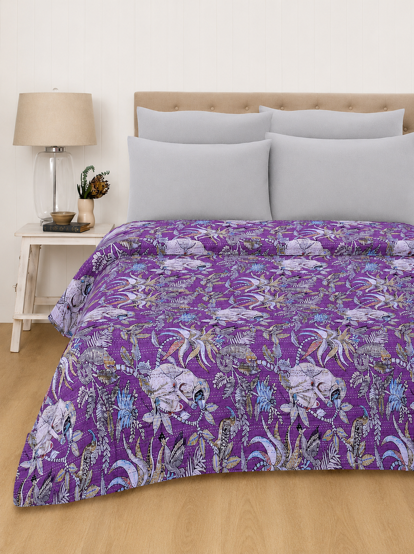 Purple Vintage Kantha Boho Monkey Print Cotton Quilt