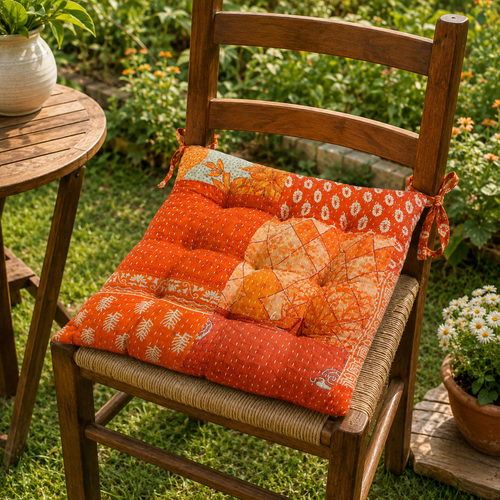 Orange patchwork Kantha Chair Pad, Handmade Cotton Chair Pad with Ties, Quilted Dining Chair Pad, Boho Chair Pad, Kitchen Chair Pad, Farmhouse Seat Pad