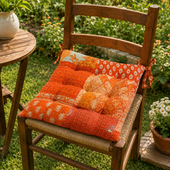 Orange patchwork Kantha Chair Pad, Handmade Cotton Chair Pad with Ties, Quilted Dining Chair Pad, Boho Chair Pad, Kitchen Chair Pad, Farmhouse Seat Pad