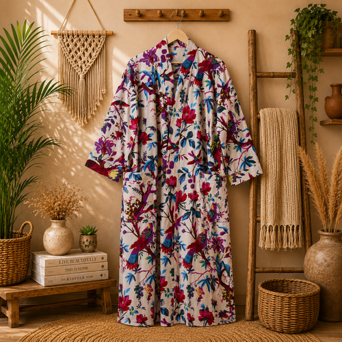 Women's Cream Cotton Bird & Floral Print Long Kimono Robe | Boho Lightweight Open Front Duster Cardigan with Belt & Pockets