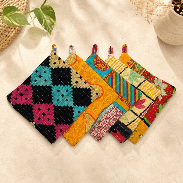 Vintage Kantha Pot Holder 5 Pcs, Handmade Quilted Hot Pad, Recycled Sari Kitchen Trivet, Colorful Indian Patchwork Potholder, Assorted Boho Decor