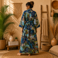Women's Cotton Paisley Print Long Kimono Robe | Boho Open Front Lightweight Duster Cardigan with Belt