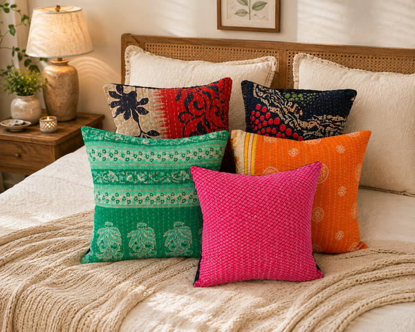 Vintage Kantha Handmade Rare Fine Stitched Heavy Cushion 5 Pcs