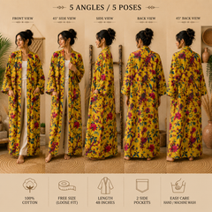 Women's Cotton Yellow Floral Bird Print Long Kimono Robe | Boho Open Front Lightweight Cardigan with Pockets