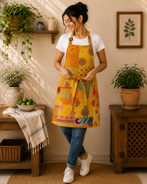 Vintage Kantha Patchwork Apron 1 Pc, Yellow Cotton Cooking Apron, Handmade Indian Boho Kitchen Apron, Recycled Sari Apron with Pocket