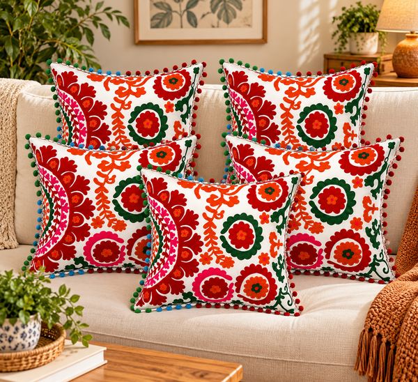 Indian Handmade Cotton Suzani Decorative Cushion Set Of 5
