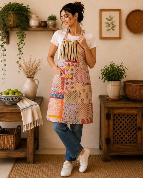 Vintage Kantha Patchwork Apron 1 Pc, Handmade Cotton Cooking Apron, Boho Recycled Sari Kitchen Apron, Indian Quilted Craft Apron