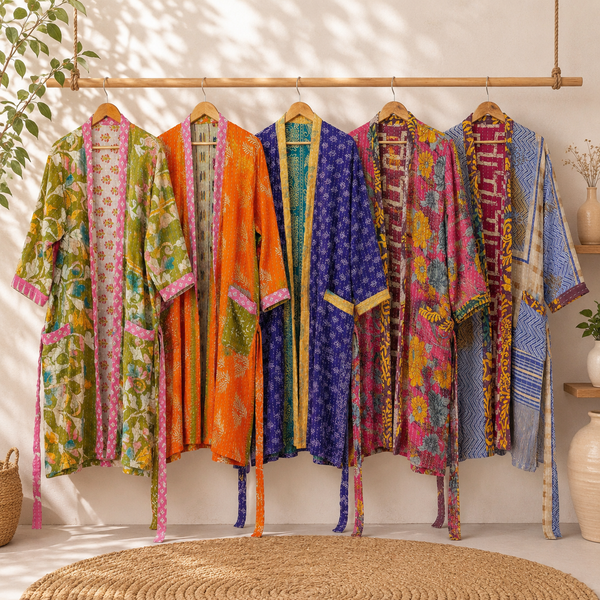 Vintage Kantha Cotton Kimono Robe 1 Pcs– Handmade Boho Long Jacket, Colorful Recycled Sari Robe, Women’s Cover Up S–2XL, 1 Piece
