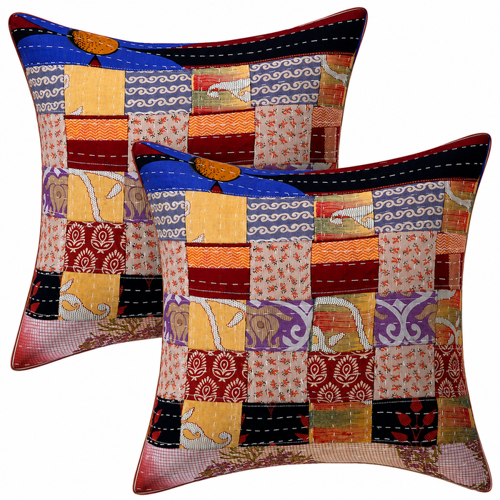 Set of 2 Pcs Assorted Vintage Kantha Patchwork Cushion Cover
