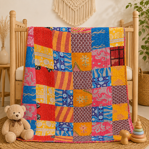 100% Cotton Handmade Kantha Throw Baby Quilt