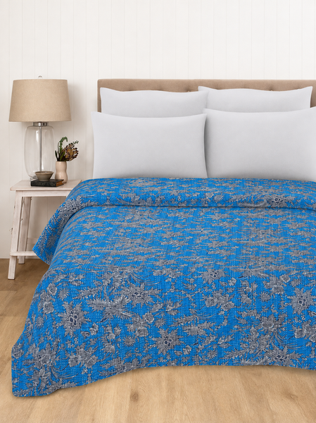 Blue Floral Vintage Print Handmade Bohemian Quilt