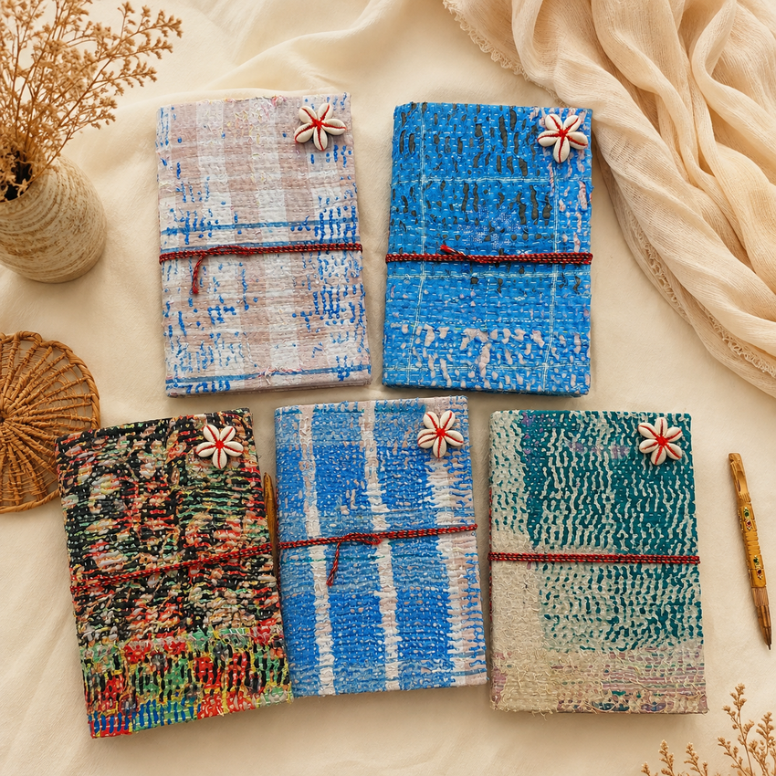 Vintage Kantha Fabric Journal, Handmade Recycled Cotton Notebook 5 Pcs, Patchwork Diary, Boho Writing Journal, Unique Indian Textile Gift