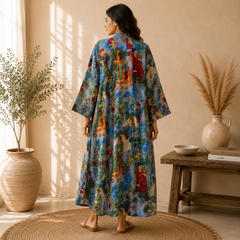 Handmade Cotton Kimono Robe for Women | Boho Floral Blue Kimono | Lightweight Cotton Lounge Robe | Beach Cover Up | Free Size