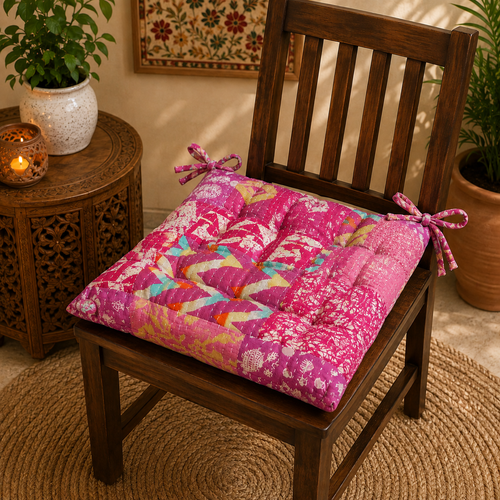 Pink patchwork Kantha Chair Pad, Handmade Cotton Chair Pad with Ties, Quilted Dining Chair Pad, Boho Chair Pad, Kitchen Chair Pad, Farmhouse Seat Pad