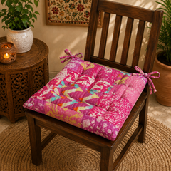 Pink patchwork Kantha Chair Pad, Handmade Cotton Chair Pad with Ties, Quilted Dining Chair Pad, Boho Chair Pad, Kitchen Chair Pad, Farmhouse Seat Pad
