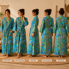 Women's Turquoise Paisley Cotton Kimono Robe | Lightweight Boho Long Robe with Belt & Pockets