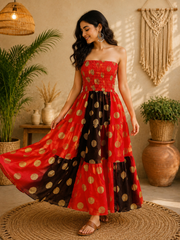 Vintage Strapless Smocked Maxi Dress for Women | Handmade Cotton Boho Summer Beach Dress