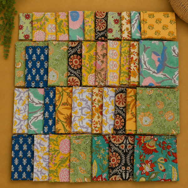 Hand Block Printed Cotton Napkins, Indian Floral Cloth Dinner Napkins 20 Pcs, Reusable Table Linens, Boho Kitchen Decor, Mixed Assorted Napkin Set