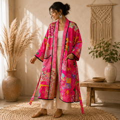Indian Handmade Vintage Kantha Quilt Pink Patchwork Kimono Robe One Size Robe