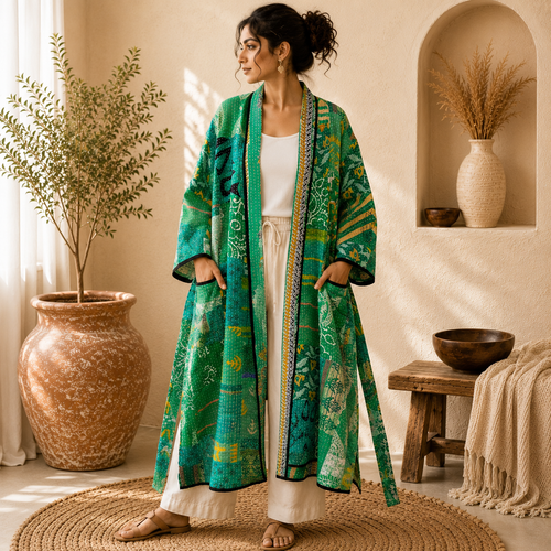 Patchwork Bath Robe | Vintage Kantha Cotton Kimono | Cotton Robe | Night Wear Suit | Long Cotton Robe (13 Colour Option Available)