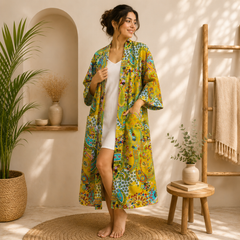 Handmade Yellow Cotton Kimono Robe for Women | Boho Floral Paisley Long Cardigan | Lightweight Beach Cover Up | Summer Resort Wear