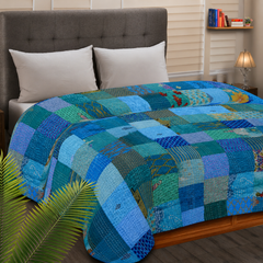 Blue Silk Patchwork Quilt  Unique Design, Luxury Bedding Throw