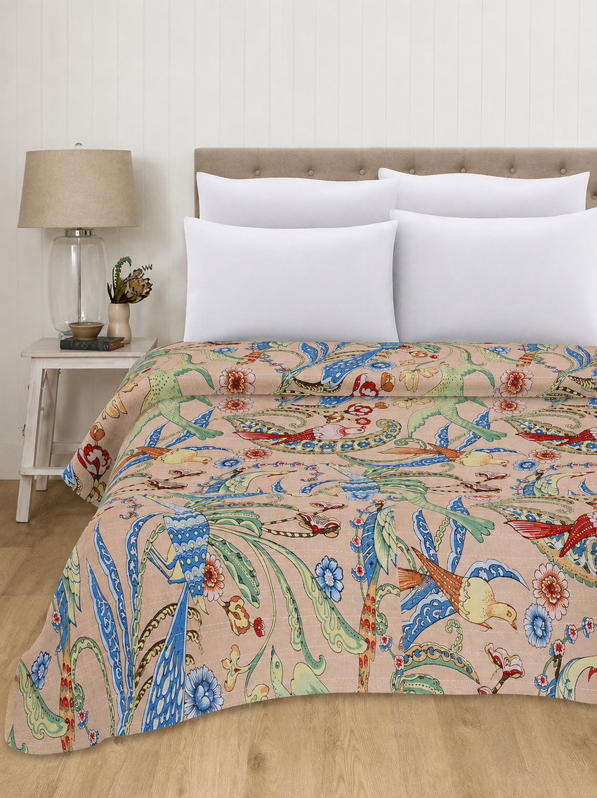 Beige Bird Bedspread Handmade 100% Cotton Quilt