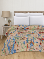 Beige Bird Bedspread Handmade 100% Cotton Quilt