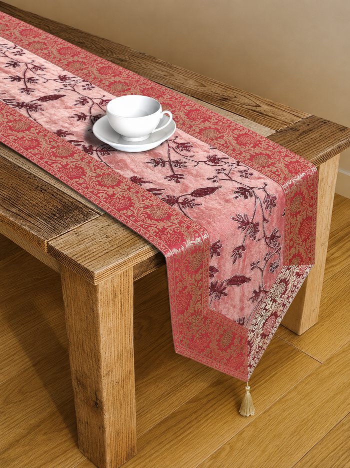 Silk Brocade Red Floral Zari Silk Table Runner