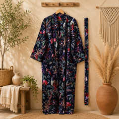 Navy Floral Cotton Kimono Cardigan for Women | Long Boho Open Front Robe with Pockets