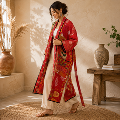 Indian Vintage Kantha Cotton Red Patchwork Kimono Long Robe