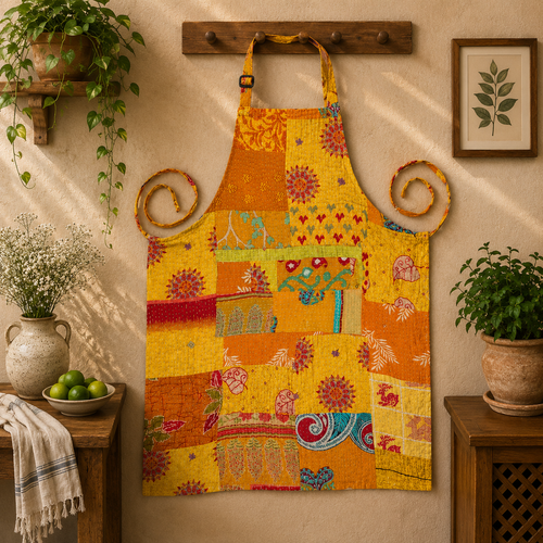 Vintage Kantha Patchwork Apron 1 Pc, Yellow Cotton Cooking Apron, Handmade Indian Boho Kitchen Apron, Recycled Sari Apron with Pocket