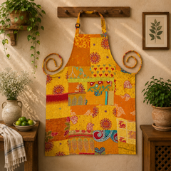 Vintage Kantha Patchwork Apron 1 Pc, Yellow Cotton Cooking Apron, Handmade Indian Boho Kitchen Apron, Recycled Sari Apron with Pocket