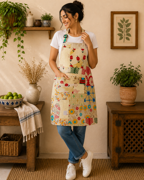Vintage Kantha Patchwork Apron 1 Pc, Handmade Cotton Cooking Apron, Boho Indian Kitchen Apron, Recycled Sari Adjustable Apron with Pocket