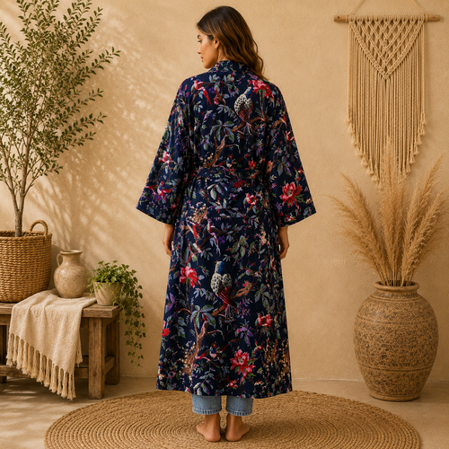 Navy Floral Cotton Kimono Cardigan for Women | Long Boho Open Front Robe with Pockets