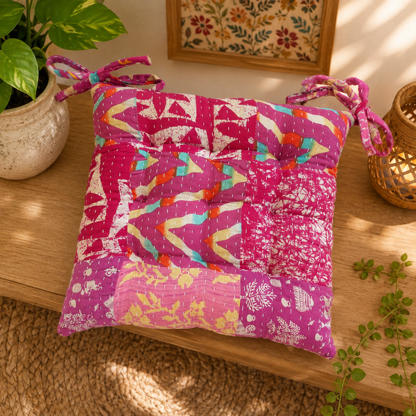 Pink patchwork Kantha Chair Pad, Handmade Cotton Chair Pad with Ties, Quilted Dining Chair Pad, Boho Chair Pad, Kitchen Chair Pad, Farmhouse Seat Pad