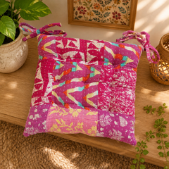 Pink patchwork Kantha Chair Pad, Handmade Cotton Chair Pad with Ties, Quilted Dining Chair Pad, Boho Chair Pad, Kitchen Chair Pad, Farmhouse Seat Pad