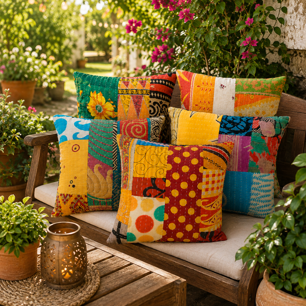 Handmade Patchwork Cushion Cover, Cotton Kantha Pillow Cover, Boho Throw Pillow Cover, Decorative Sofa Cushion Cover, Vintage Bohemian Cushion Cover