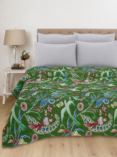 Green Bird Print Handmade Kantha King Quilt