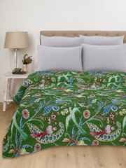 Green Bird Print Handmade Kantha King Quilt