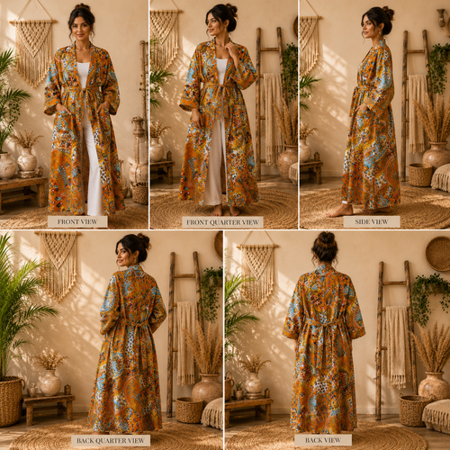 Women's Cotton Mustard Paisley Print Long Kimono Robe | Boho Open Front Lightweight Duster Cardigan with Belt
