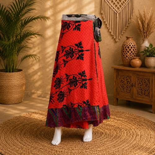 Vintage Red Floral Wrap Skirt for Women | Handmade Upcycled Sari Maxi Skirt | Adjustable Tie Waist | Boho Festival Beach Skirt | Sustainable Clothing