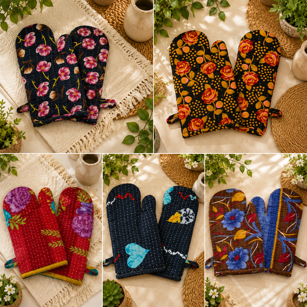 Vintage Kantha Oven Mitt, Handmade Cotton Kitchen Glove 4 Pcs, Quilted Cooking Mitt, Recycled Sari Pot Holder, Boho Kitchen Decor Gift