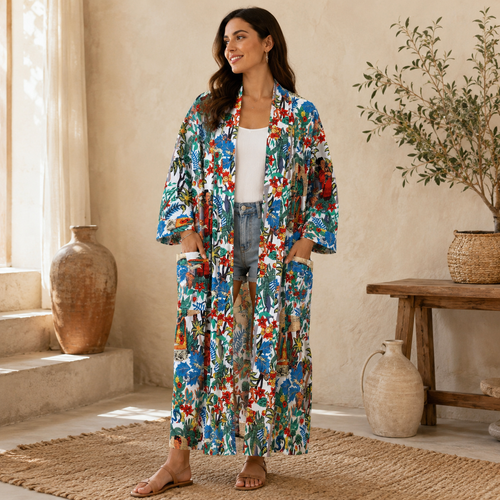Handmade Cotton Kimono Robe for Women | White Floral Boho Long Kimono | Lightweight Cotton Beach Cover Up | Free Size
