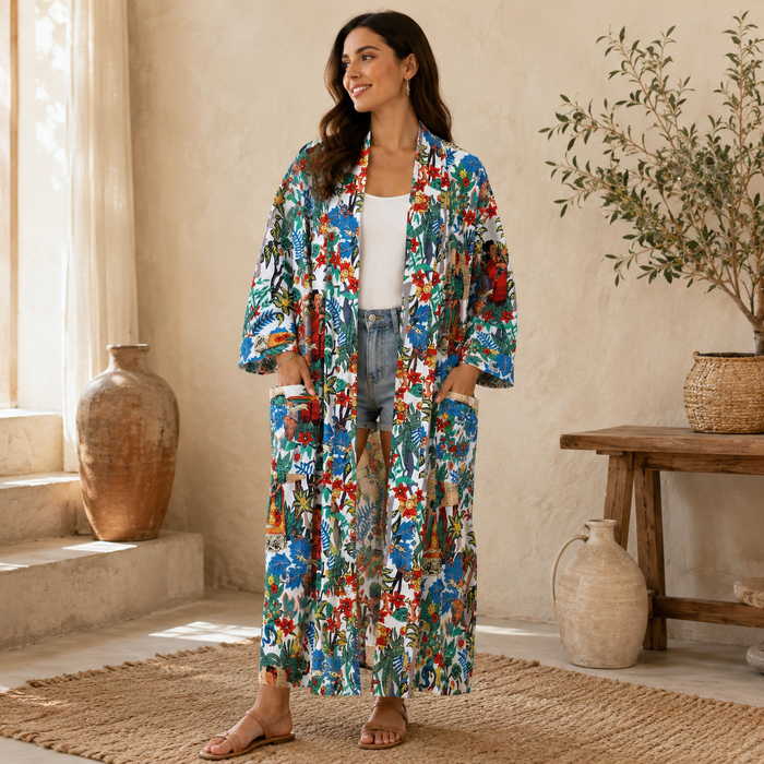Handmade Cotton Kimono Robe for Women | White Floral Boho Long Kimono | Lightweight Cotton Beach Cover Up | Free Size
