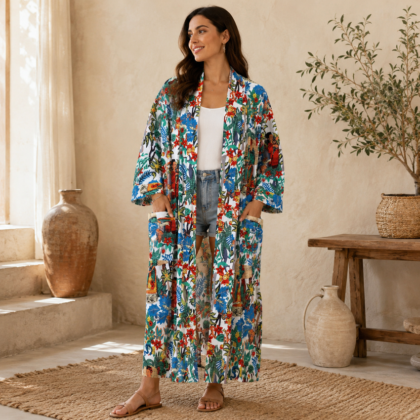 Handmade Cotton Kimono Robe for Women | White Floral Boho Long Kimono | Lightweight Cotton Beach Cover Up | Free Size