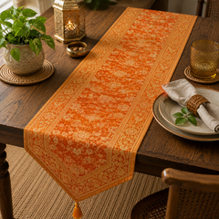 Handmade Silk Table Runner | Orange Floral Silk Table Runner with Tassel | Luxury Dining Table Decor | Indian Wedding Table Linen