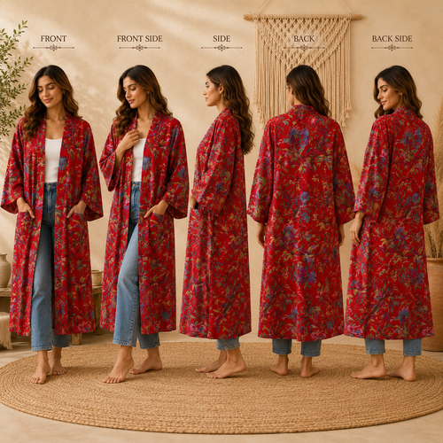 Red Floral Cotton Kimono Cardigan for Women | Long Boho Open Front Robe with Pockets