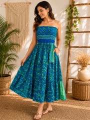 Handmade Cotton Strapless Smocked Maxi Dress for Women | Boho Patchwork Summer Beach Dress with Pockets
